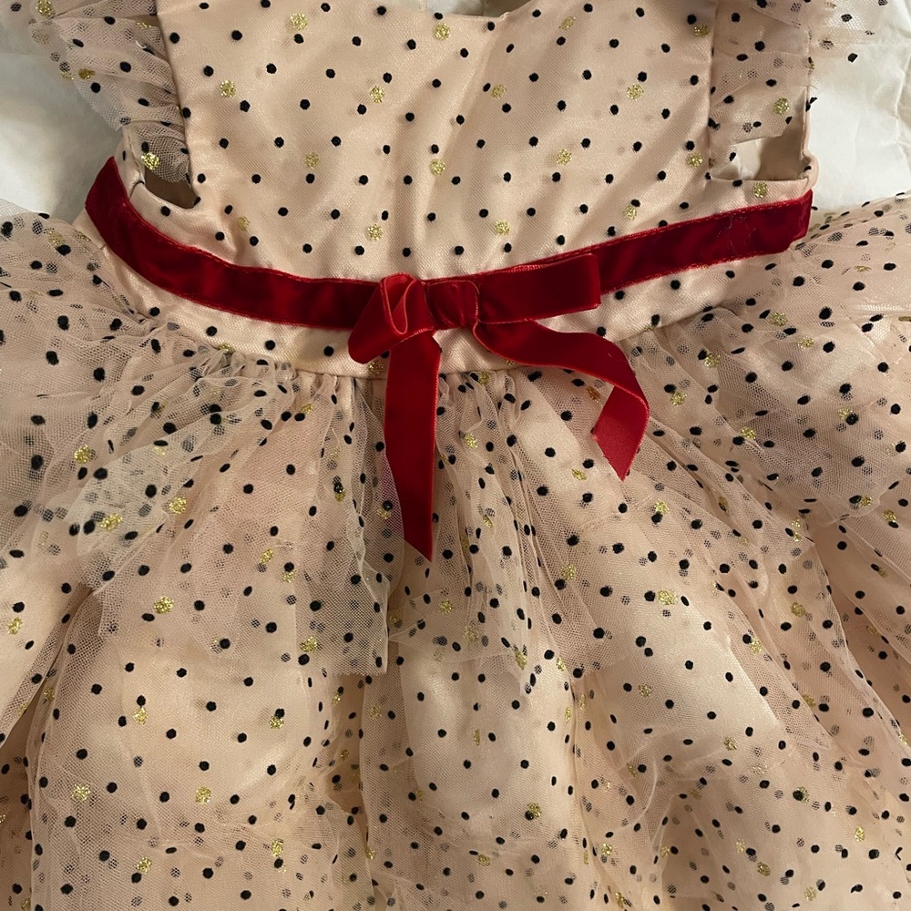 Blueberi Boulevard Blush Pink Polka Dot Tulle Dress with Red Velvet Bow